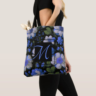 Elegant silver blue white elegant retro florals tote bag
