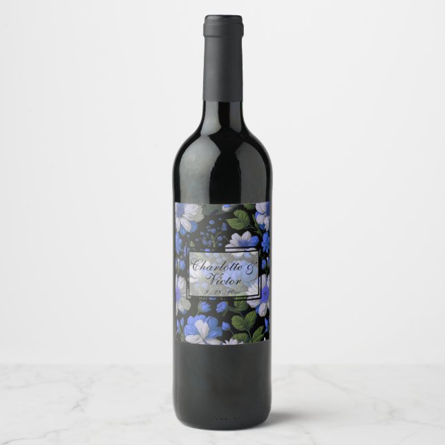 Elegant silver blue white elegant retro florals wine label (Front)