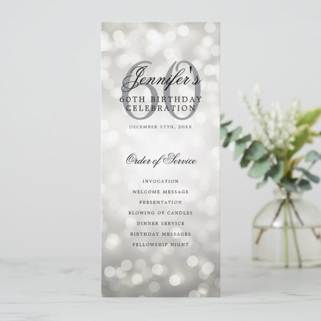 Elegant Silver Bokeh 60th Birthday Program w/ Menu (Standing Front)