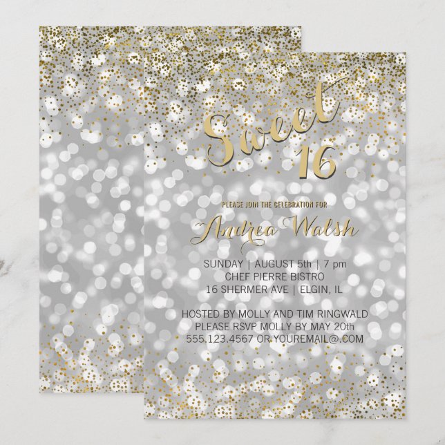 Elegant Silver Bokeh Lights Gold Confetti Sweet 16 Invitation (Front/Back)