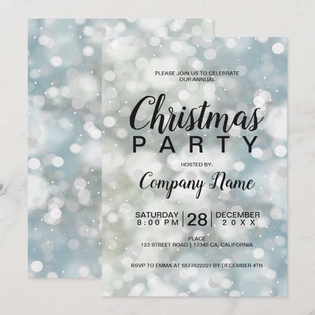 Elegant silver bokeh snow corporate Christmas Invitation (Front/Back)