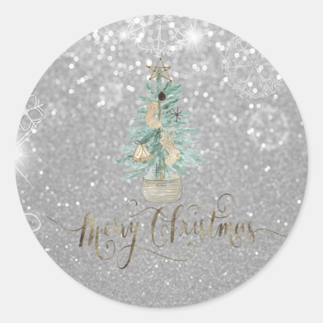 Elegant Silver Bokeh Watercolor Christmas Tree  Classic Round Sticker (Front)