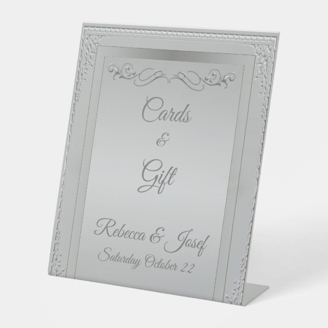 Elegant silver border frame custom photo  pedestal sign (Front)