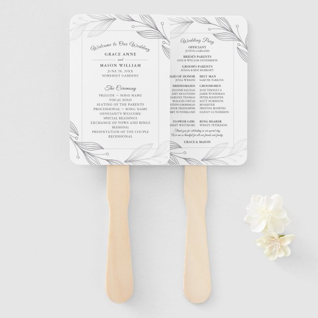 Elegant Silver Botanical Leaves Wedding Program Hand Fan (Front and Back)
