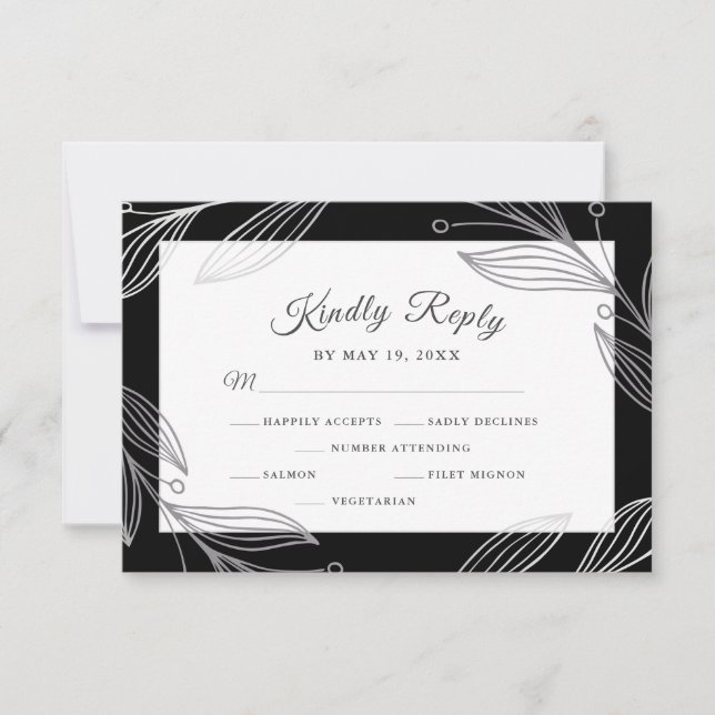 Elegant Silver Botanical Wedding Dinner Choice RSVP Card (Front)