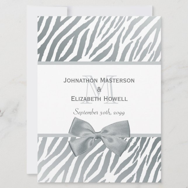 Elegant Silver Bow Zebra Print Monogram Wedding Invitation (Front)