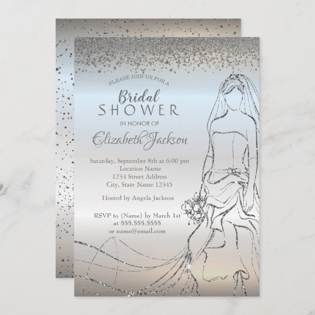 Elegant Silver Bride,Diamonds Bridal Shower Invitation (Front/Back)