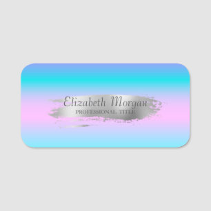 Elegant Silver Brush Stroke,Ombre Holographic Name Tag