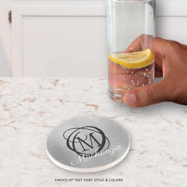 Elegant Silver Brushed Metal Monogram Name Stylish Coaster (Creator Uploaded)