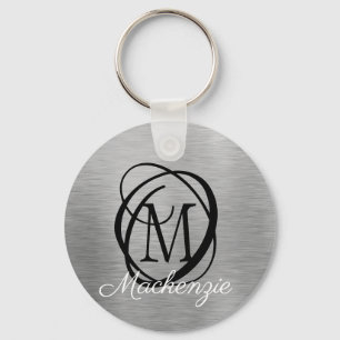 Elegant Silver Brushed Metal Monogram Name Stylish Keychain