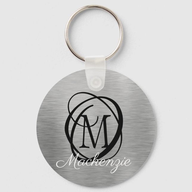 Elegant Silver Brushed Metal Monogram Name Stylish Keychain (Front)