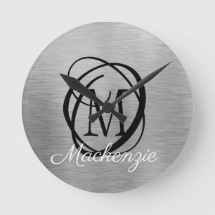 Elegant Silver Brushed Metal Monogram Name Stylish Round Clock