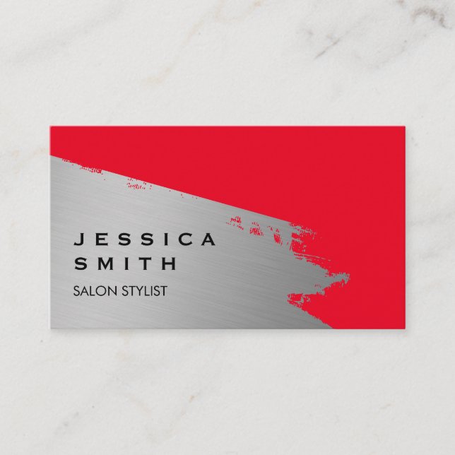 Elegant Silver Brushed Red Background Business Card (Front)