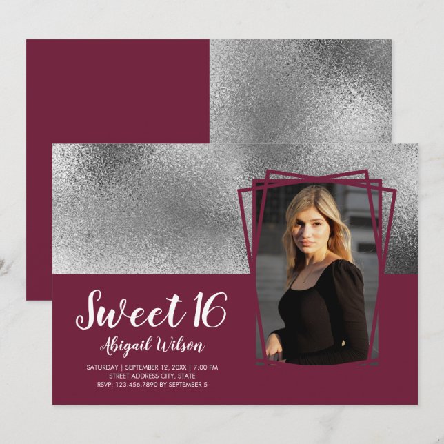 Elegant silver & burgundy sweet sixteen birthday invitation (Front/Back)