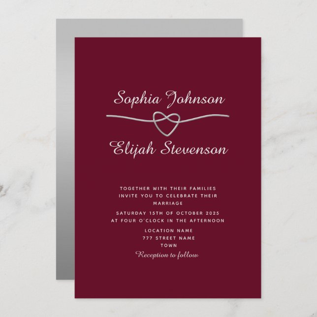 Elegant Silver Burgundy Wedding Invite (Front/Back)