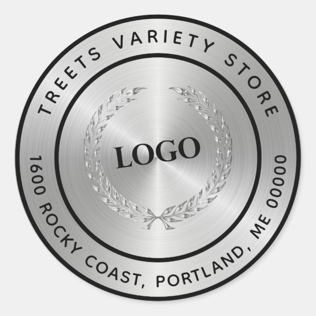  Elegant Silver Business Logo Company Classic Round Sticker (Front)