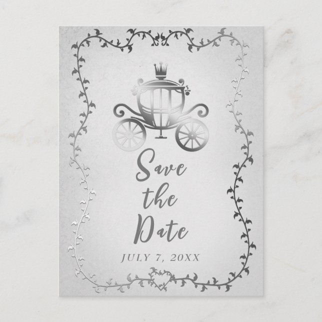 Elegant Silver Carriage Storybook Save the Date  Announcement Postcard (Front)