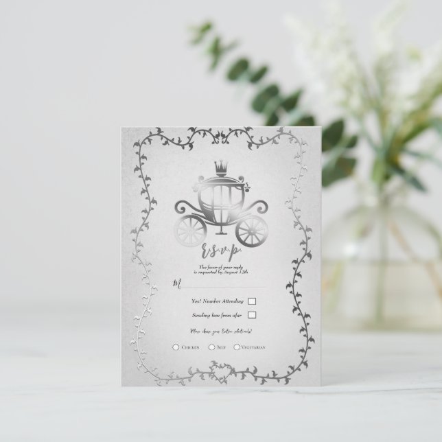 Elegant Silver Carriage Storybook Wedding RSVP Invitation (Standing Front)