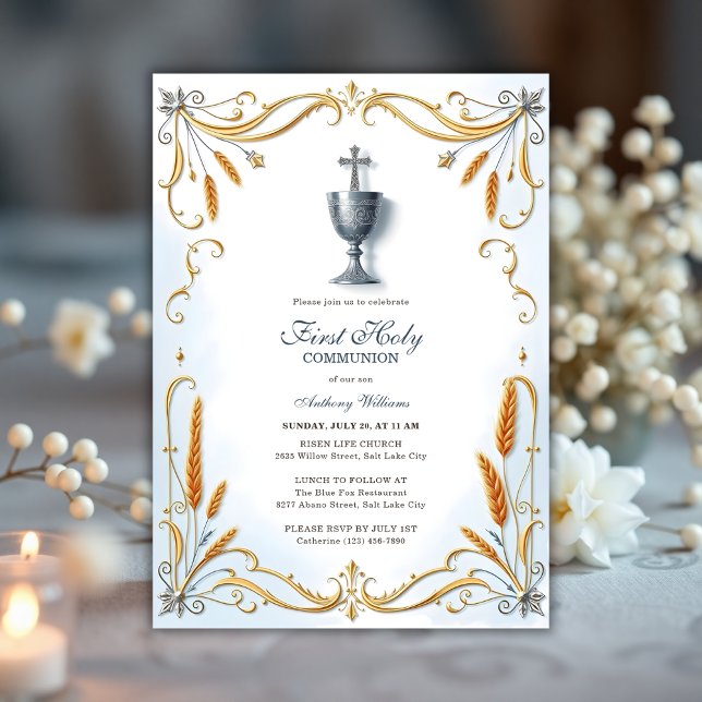 Elegant Silver Chalice Boy First Holy Communion Invitation (Elegant First Holy Communion Invitation for Boy – Silver Chalice & Gold Wheat Design)
