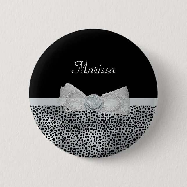 Elegant Silver Cheetah Print Frilly Bow With Name 2 Inch Round Button (Front)