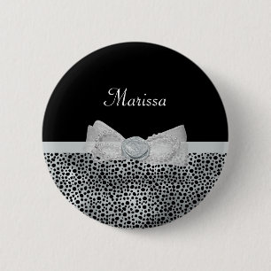 Elegant Silver Cheetah Print Frilly Bow With Name 2 Inch Round Button