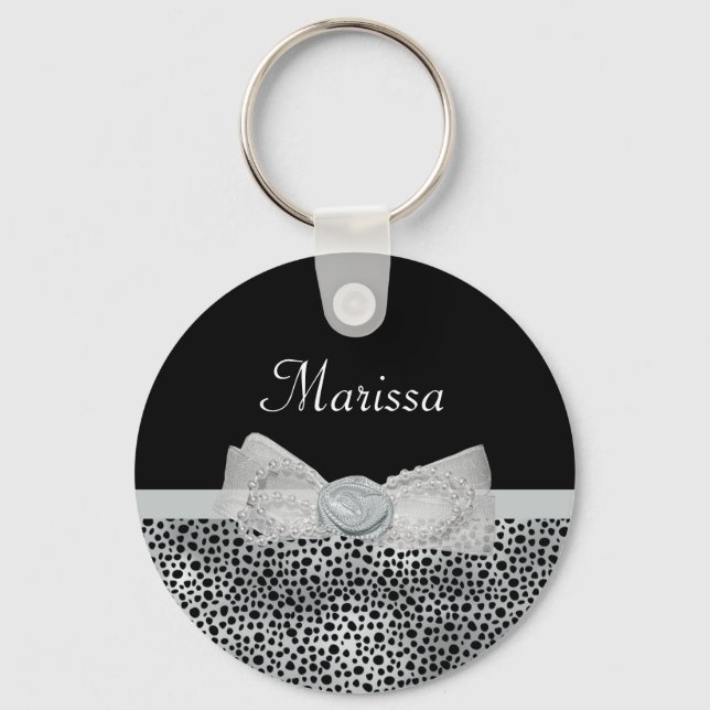 Elegant Silver Cheetah Print Frilly Bow With Name Keychain (Front)