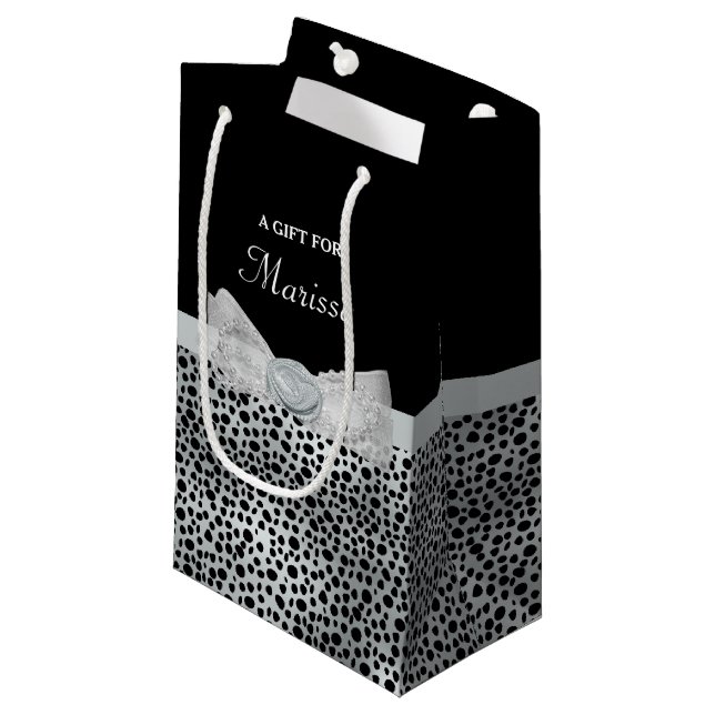 Elegant Silver Cheetah Print Frilly Bow With Name Small Gift Bag (Front Angled)