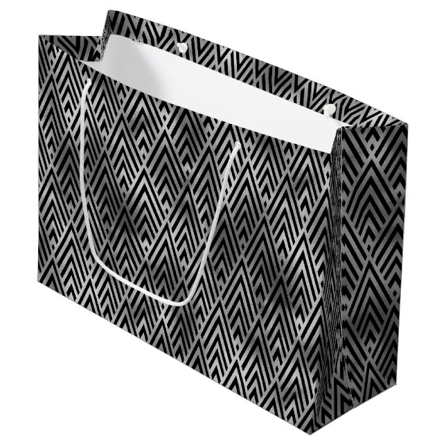 Elegant Silver Chevron Diamond Art Deco Pattern Large Gift Bag (Front Angled)