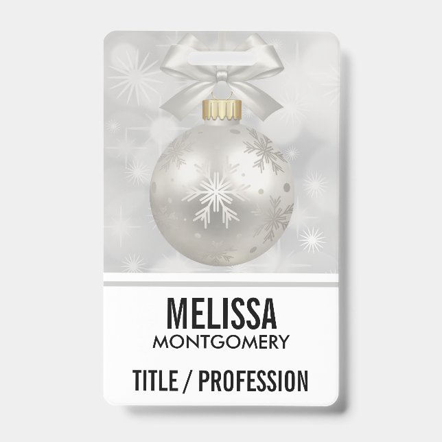 Elegant Silver Christmas Ball on Bokeh Lights Badge (Front)