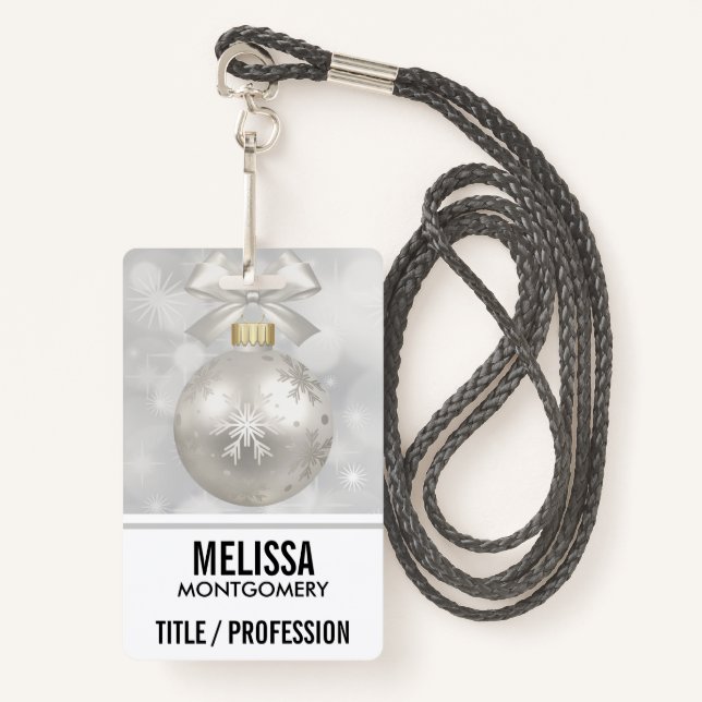 Elegant Silver Christmas Ball on Bokeh Lights Badge (Front with Lanyard)