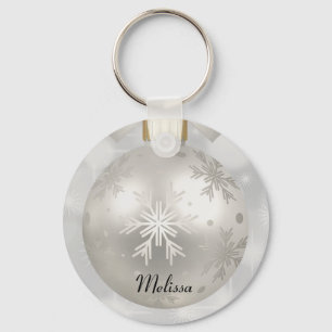 Elegant Silver Christmas Ball on Bokeh Lights Keychain