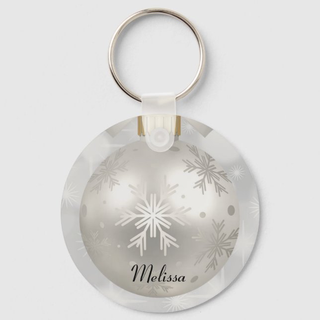 Elegant Silver Christmas Ball on Bokeh Lights Keychain (Front)