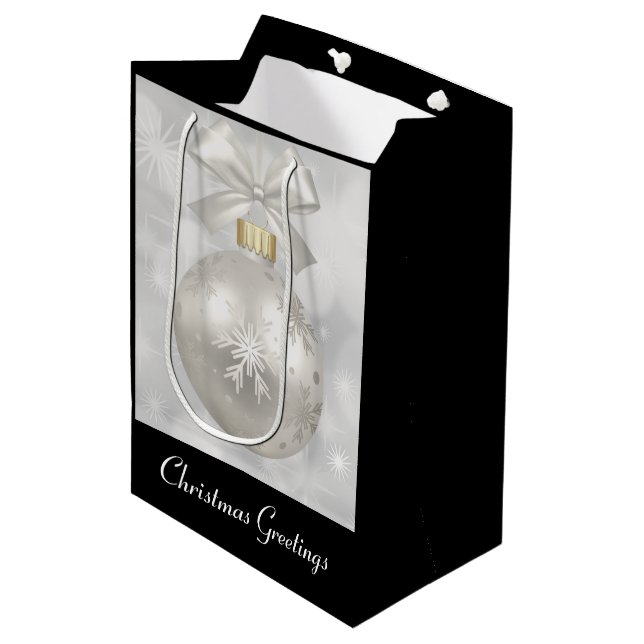 Elegant Silver Christmas Ball on Bokeh Lights Medium Gift Bag (Front Angled)