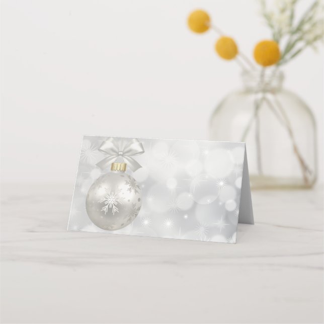 Elegant Silver Christmas Ball on Bokeh Lights Place Card (Front)