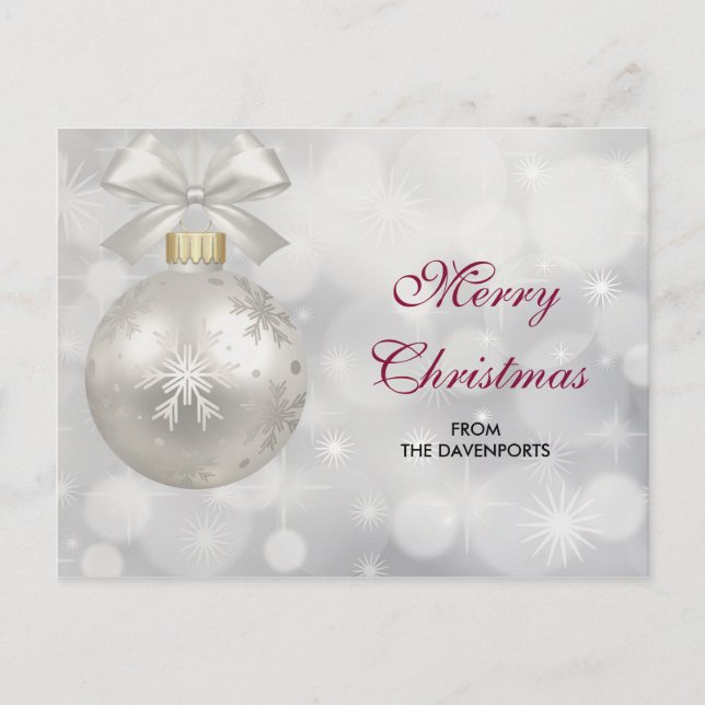 Elegant Silver Christmas Ball on Bokeh Lights Postcard (Front)
