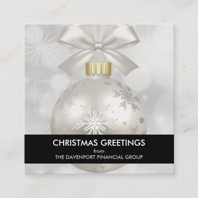 Elegant Silver Christmas Ball on Bokeh Lights Square Business Card (Front)