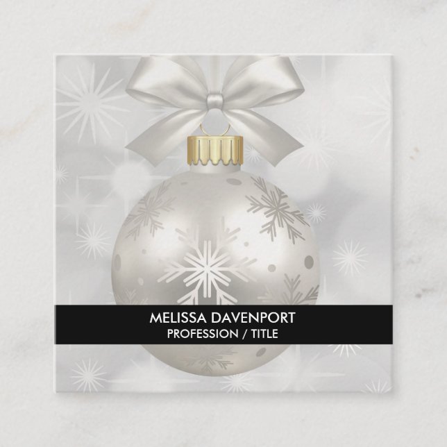 Elegant Silver Christmas Ball on Bokeh Lights Square Business Card (Front)