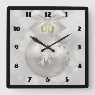 Elegant Silver Christmas Ball on Bokeh Lights Square Wall Clock