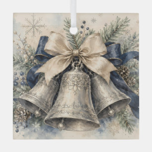 Elegant Silver Christmas Bells Watercolor Glass Ornament