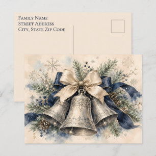 Elegant Silver Christmas Bells Watercolor Holiday Postcard
