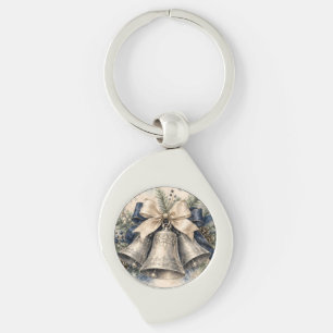 Elegant Silver Christmas Bells Watercolor Keychain