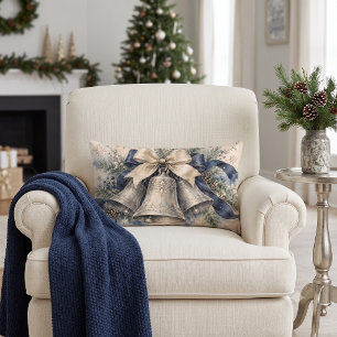 Elegant Silver Christmas Bells Watercolor Lumbar Pillow