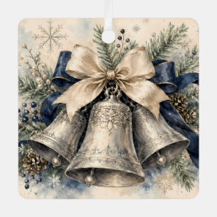 Elegant Silver Christmas Bells Watercolor Metal Ornament