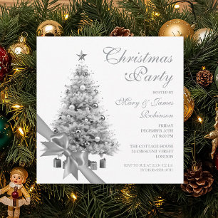 Elegant Silver Christmas Tree & Bow Holiday Party Invitation
