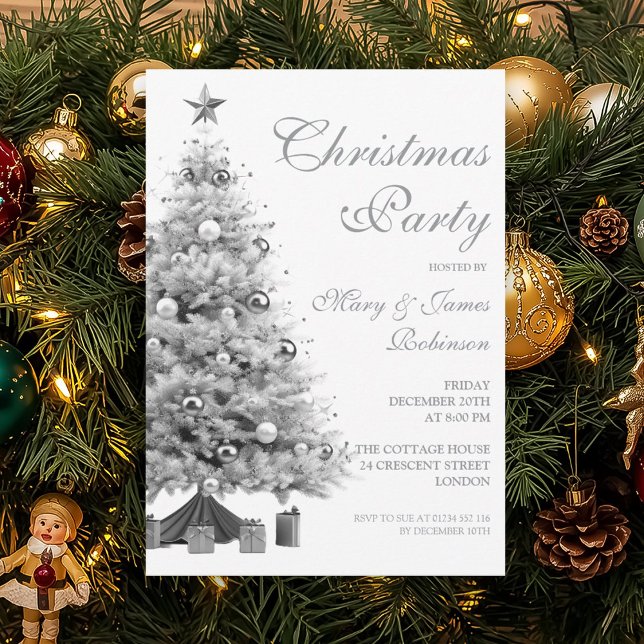 Elegant Silver Christmas Tree Holiday Party  Invitation (Elegant Silver Christmas Tree Holiday Party Invitation)