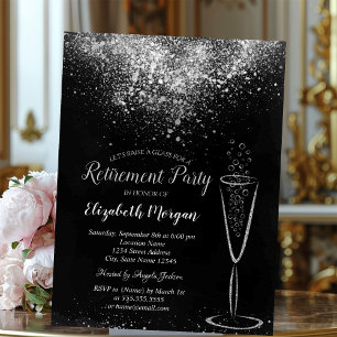 Elegant Silver Confetti Glass Black Retirement Invitation