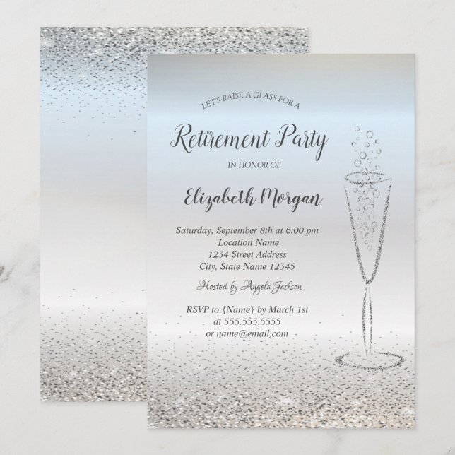 Elegant Silver Confetti Glass Silver Retirement Invitation (Front/Back)