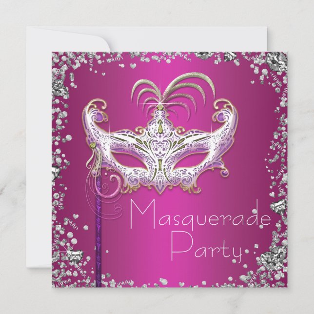 Elegant Silver Confetti Hot Pink Masquerade Party Invitation (Front)
