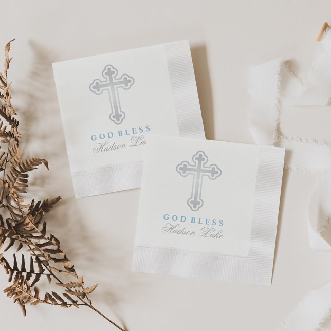 Elegant Silver Cross God Bless Boy Baptism Napkin (Creator Uploaded)