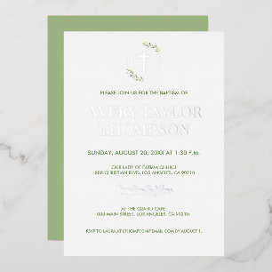 Elegant Silver Cross Watercolor laurel Baptism Foil Holiday Card